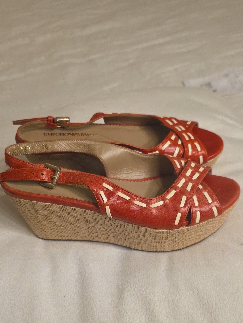 Emporio Armani Orange Leather Woven-Trim Platform Wedge Sandals Size 36   X3P127